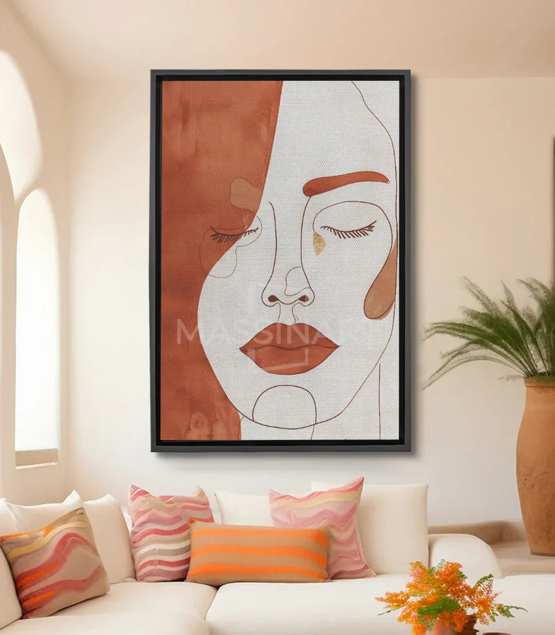 Cuadro Pensive Calm — retrato femenino minimalista en terracota y blanco roto