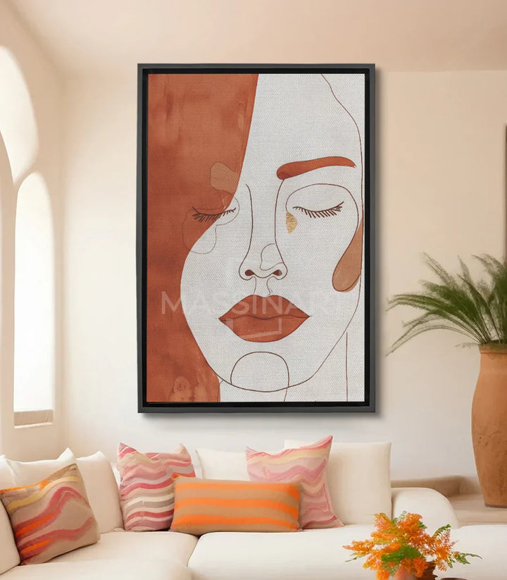 Cuadro Pensive Calm — retrato femenino minimalista en terracota y blanco roto