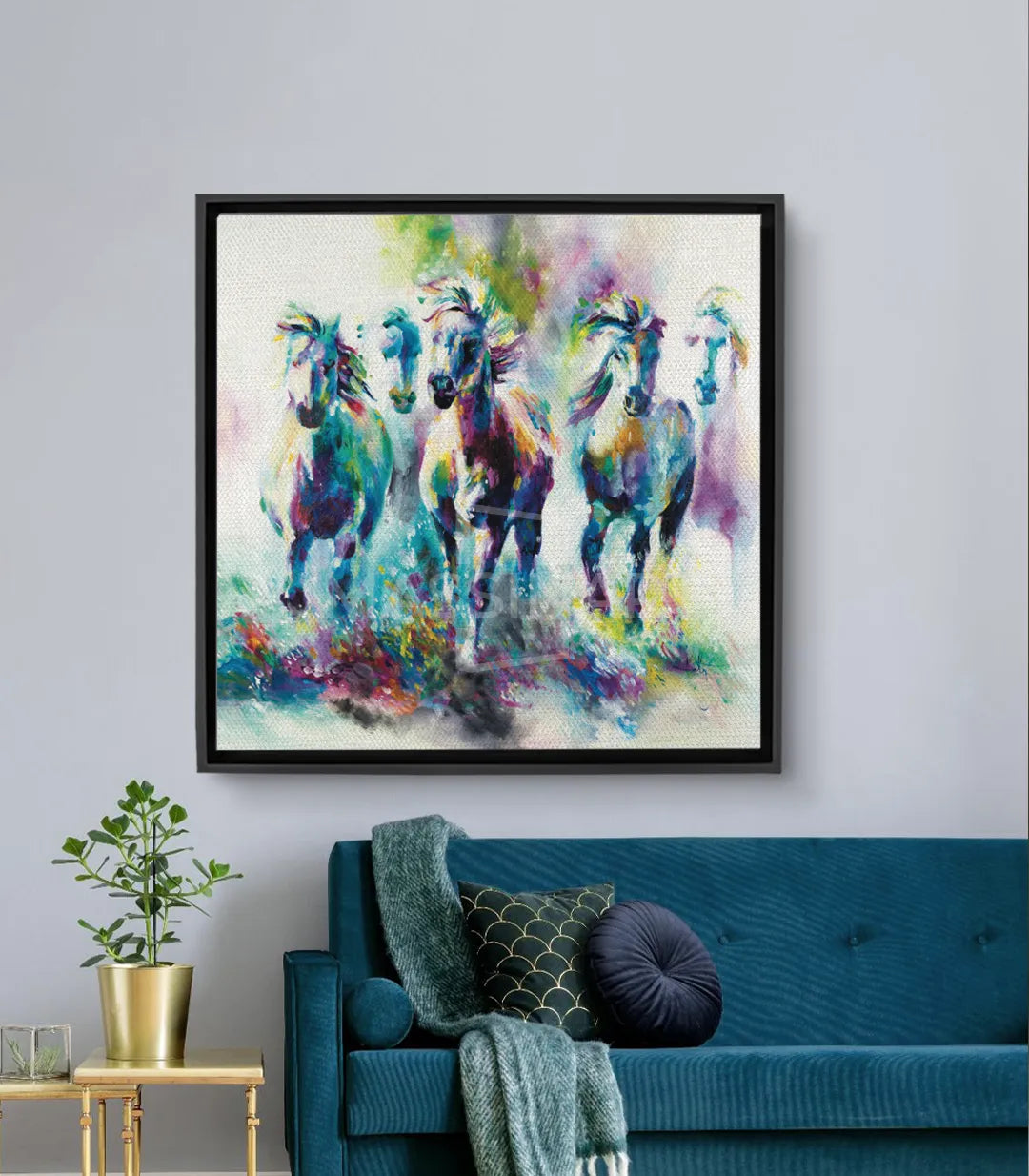 Cuadro Wild Horses acuarela caballos salvajes azul rosa amarillo estilo expresionista Massinart