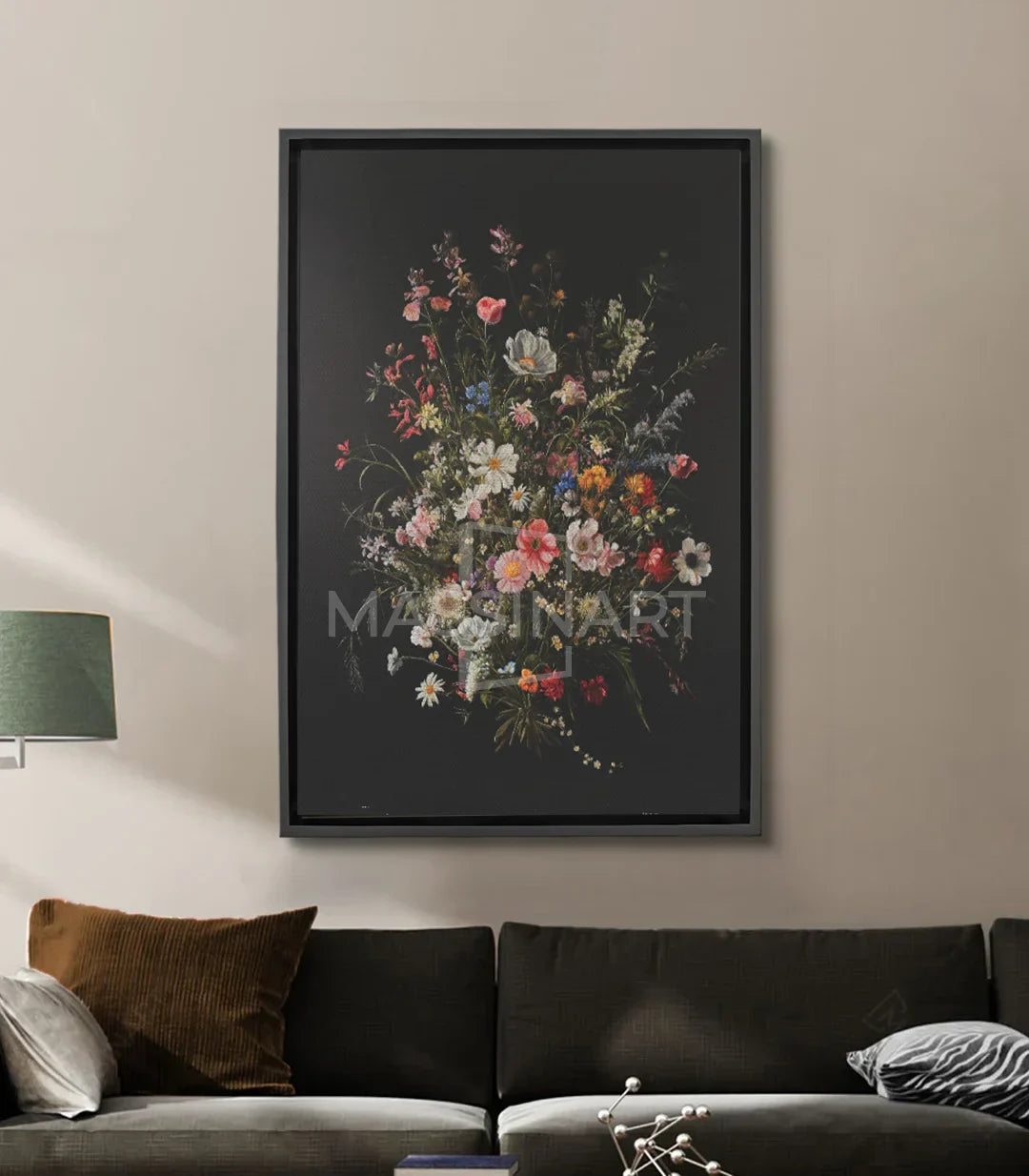 Cuadro de flores silvestres multicolores sobre fondo negro, estilo botánico contemporáneo — Massinart