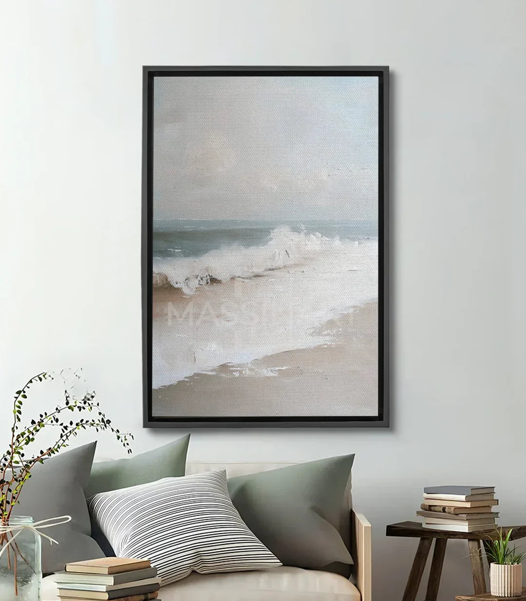 Cuadro paisaje costero Serene Shoreline — olas y playa en tonos beige y blanco, Massinart