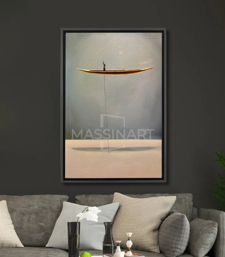 Cuadro barco minimalista suspendido con horizonte en tonos beige y arena — Massinart