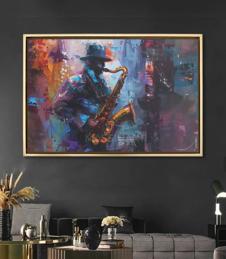 Cuadro músico jazz en salón moderno decoración contemporánea Massinart