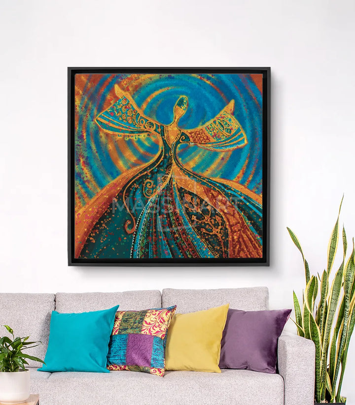 Cuadro Dervicha Giratoria — figura espiritual dorada en rotación sobre fondo azul y naranja, arte islámico Massinart