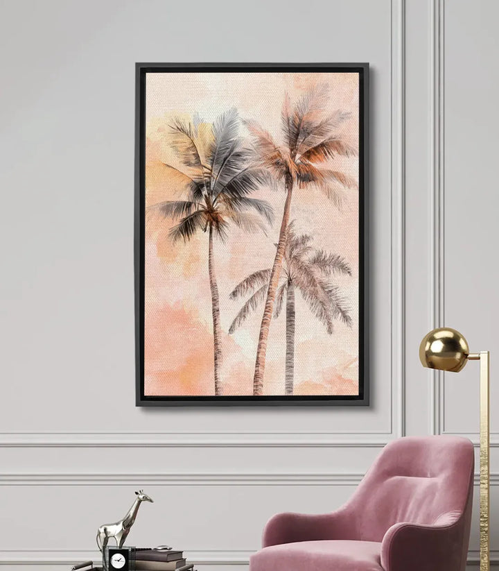 Cuadro Tripalm tres palmeras estilizadas en rosa y beige, estilo minimalista — Massinart