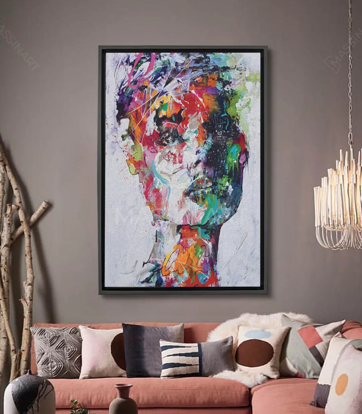 Cuadro retrato mujer multicolor expresionista, salpicaduras rosa azul naranja verde, Massinart