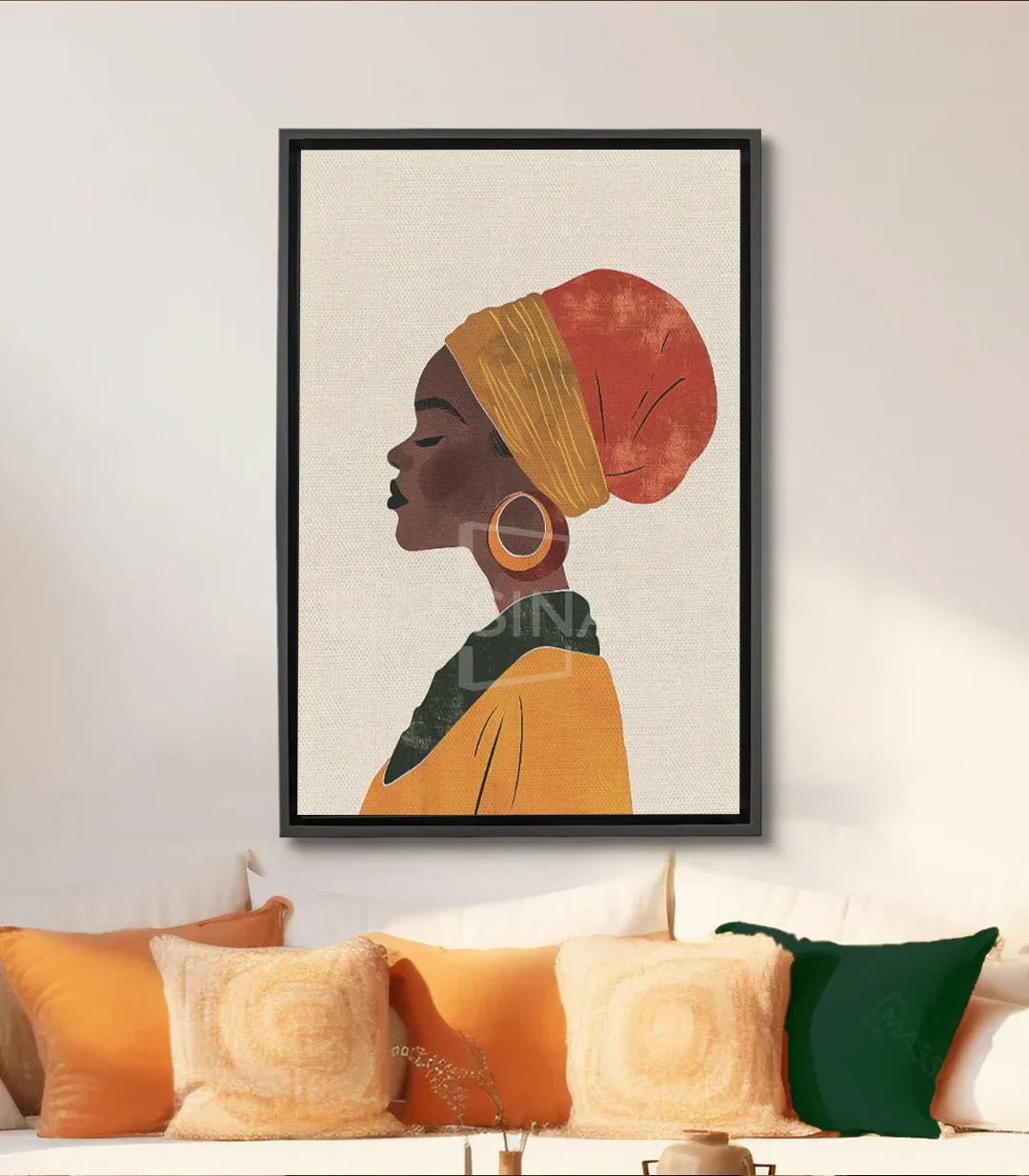 Cuadro retrato mujer africana de perfil, turbante dorado, tonos naranja y terracota — Massinart