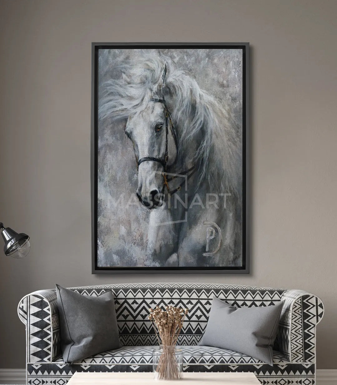 Cuadro retrato de caballo blanco en tonos grises — detalle realista del pelaje y la mirada
