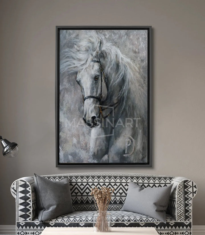 Cuadro retrato de caballo blanco en tonos grises — detalle realista del pelaje y la mirada