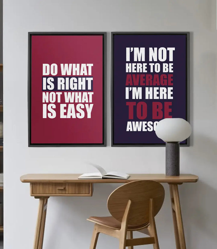 Cuadro Work Ethic díptico — cita motivadora sobre fondo rojo y negro, tipografía blanca y burdeos, Massinart
