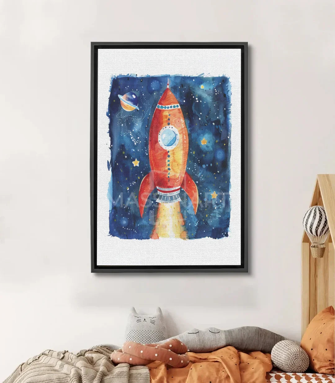 Cuadro infantil cohete espacial Massinart — ilustración universo azul y rojo
