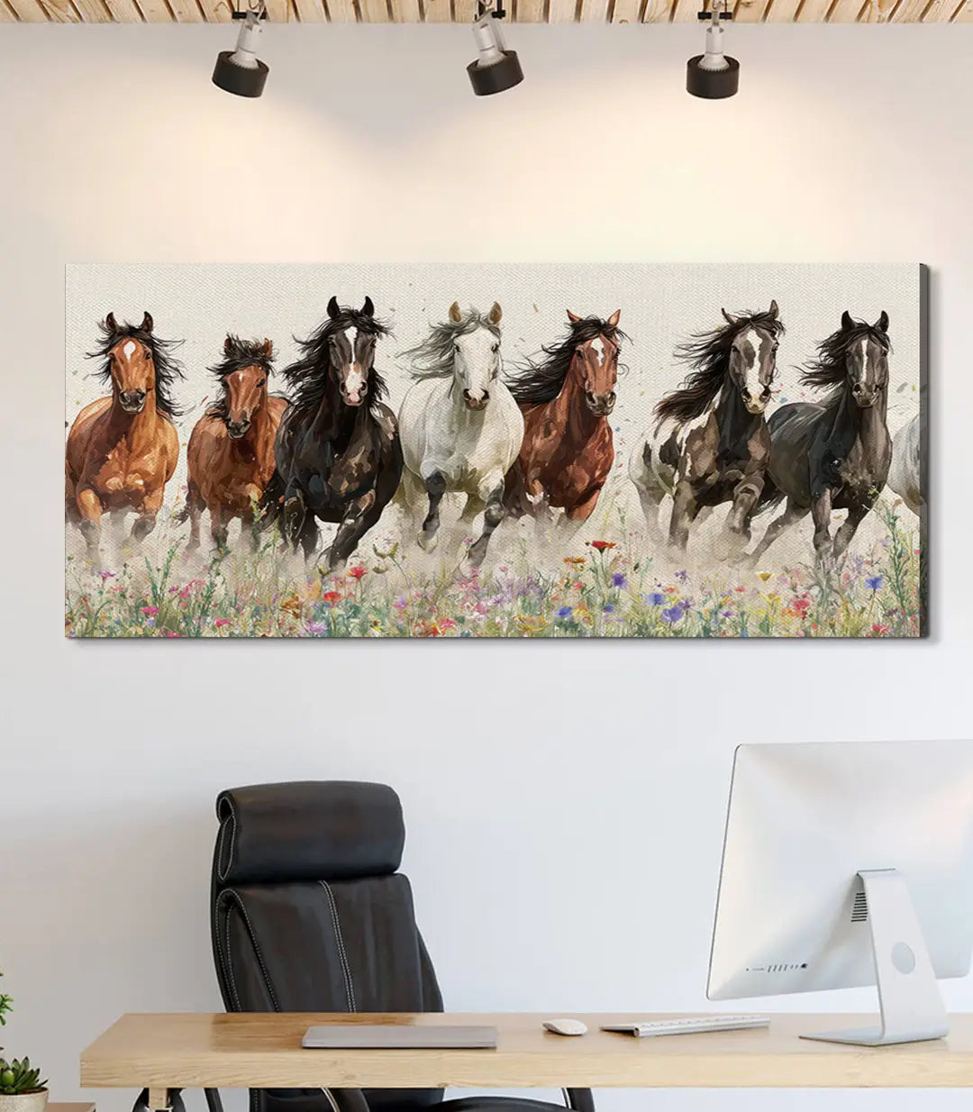 Cuadro de caballos salvajes en decoración de despacho moderno, lienzo panorámico Wild Souls Massinart