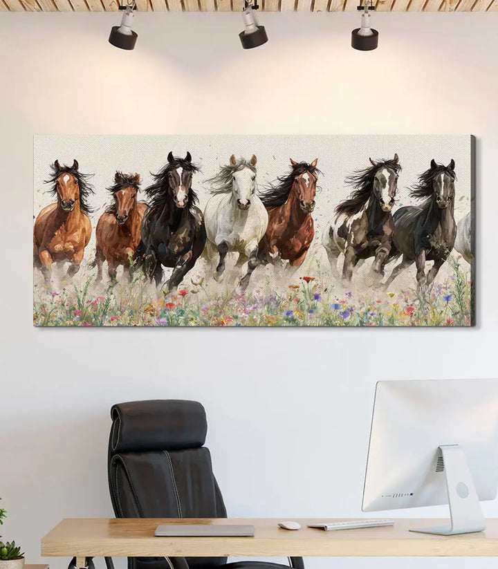 Cuadro de caballos salvajes en decoración de despacho moderno, lienzo panorámico Wild Souls Massinart