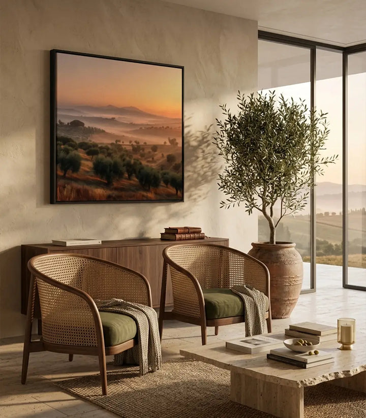 Decoración de salón con cuadro de naturaleza y paisaje brumoso Ridge, Massinart