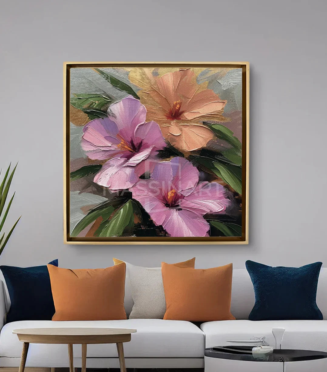 Cuadro Blushing Petals Massinart — decoración salón moderno sobre sofá blanco