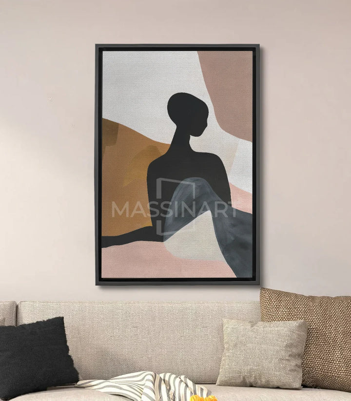 Cuadro silueta mujer abstracta perfil negro fondo geométrico marrón beige Massinart