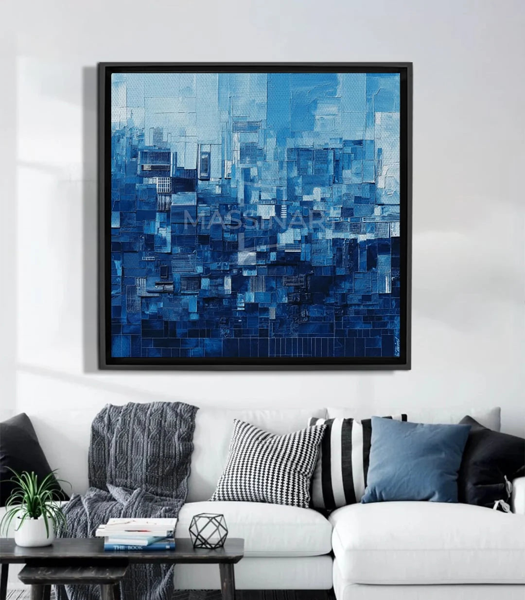 Cuadro Blue Skyline abstracto cuadrado, composición geométrica de skyline urbano en tonos azul claro y oscuro — Massinart