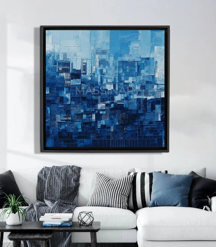 Cuadro Blue Skyline abstracto cuadrado, composición geométrica de skyline urbano en tonos azul claro y oscuro — Massinart