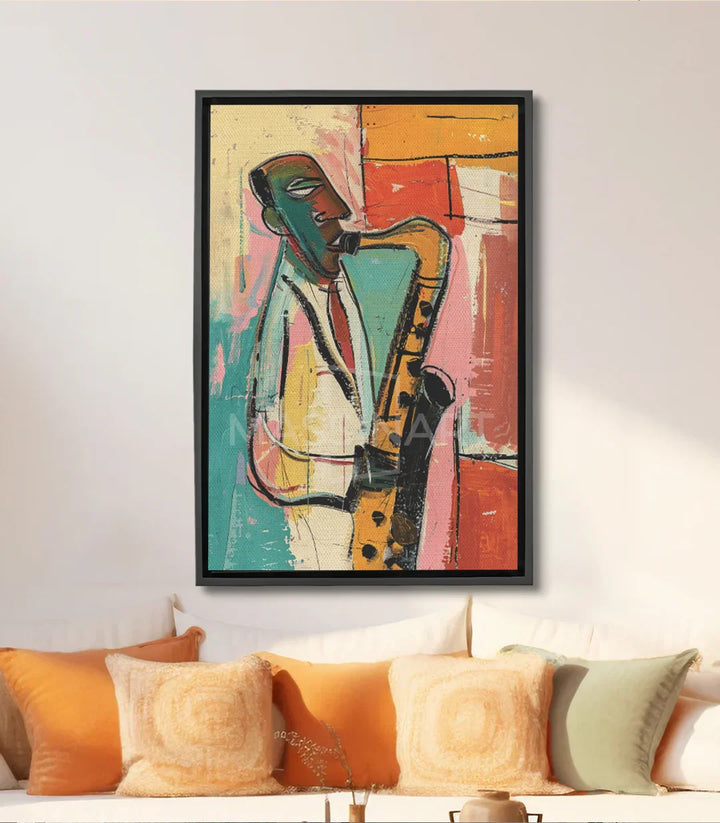 Cuadro Jazz Vibes Massinart — músico saxofonista expresionista en colores vivos azul amarillo y negro