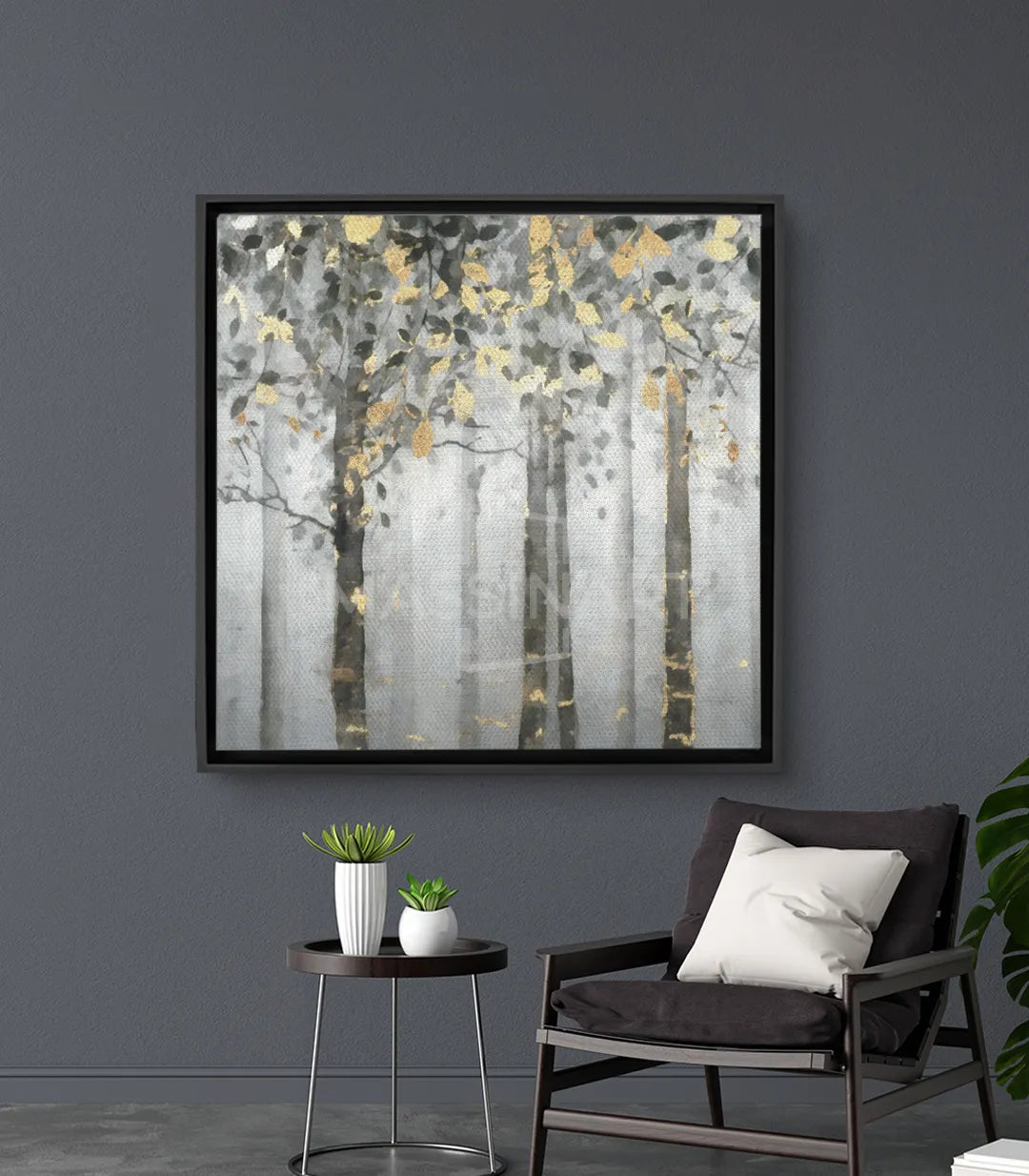Cuadro Majestueuse bosque dorado con árboles brumosos y follaje otoñal sobre fondo gris — Massinart