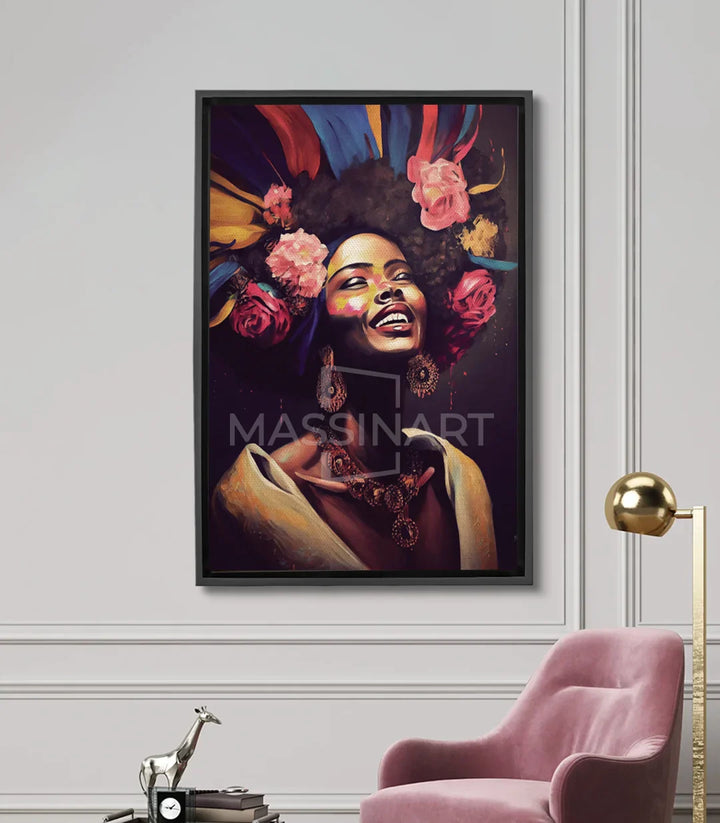 Cuadro retrato mujer africana alegre con flores y lazos de colores estilo pop-art Massinart