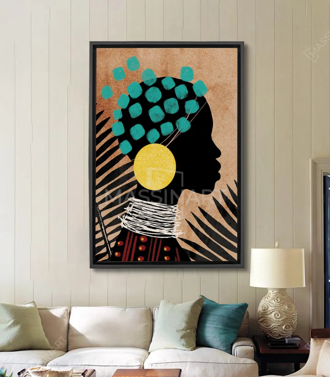 Cuadro African Queen retrato mujer africana silueta negra y turquesa Massinart