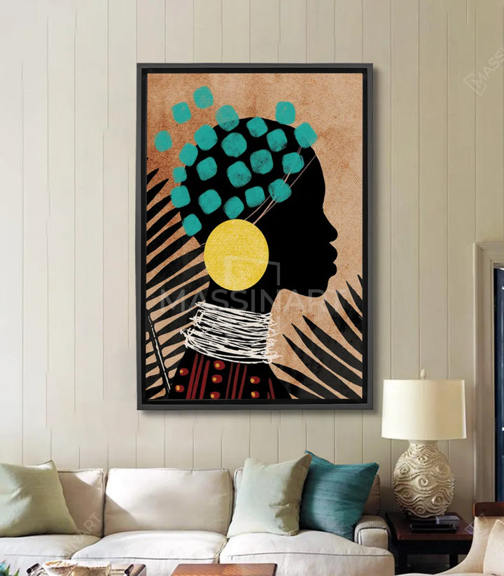 Cuadro African Queen retrato mujer africana silueta negra y turquesa Massinart