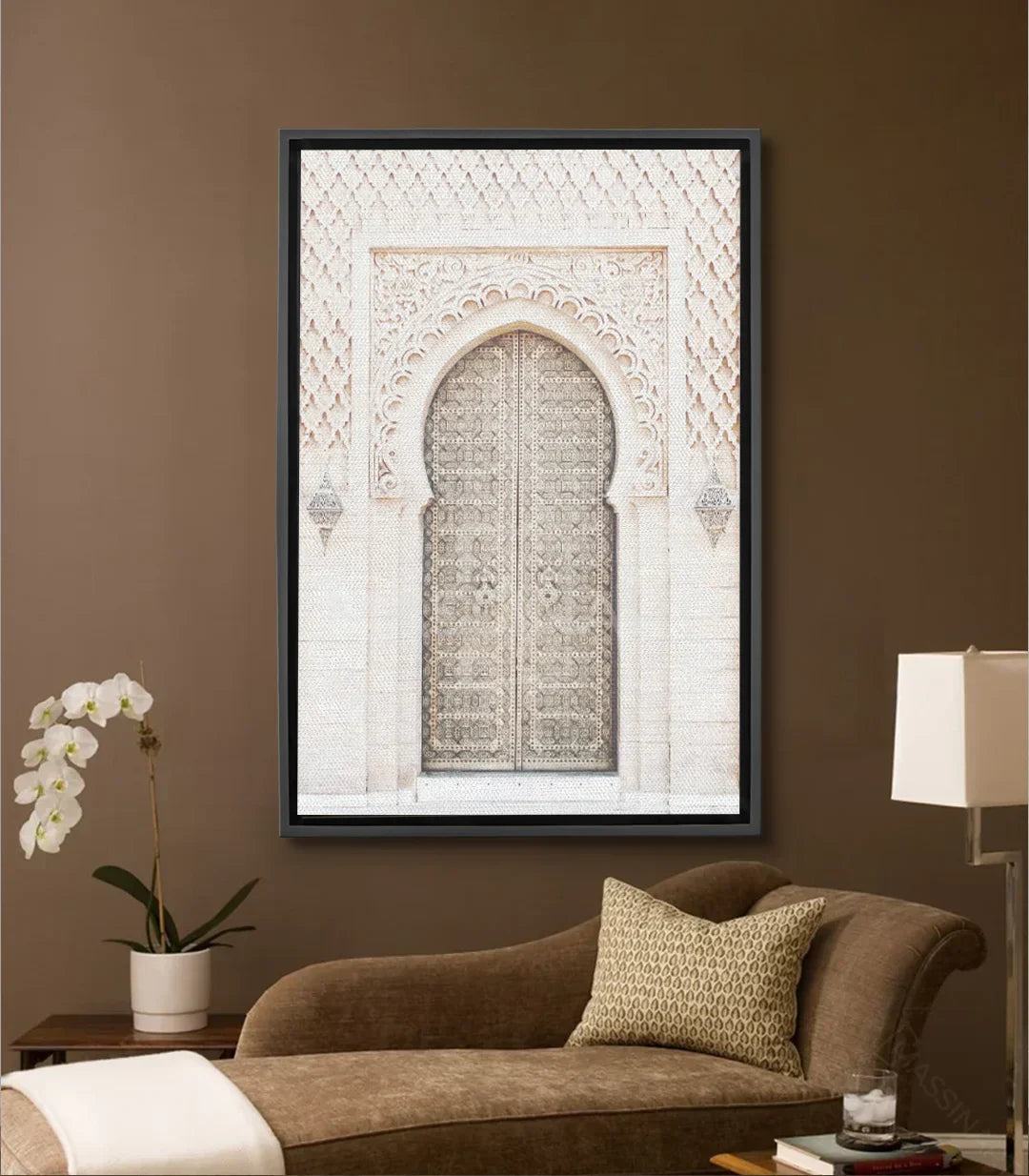 Cuadro puerta marroquí blanco beige con arco y zellige — Massinart