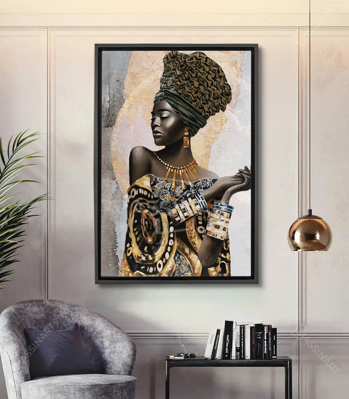 Cuadro African Queen retrato mujer africana con peinado tradicional dorado Massinart