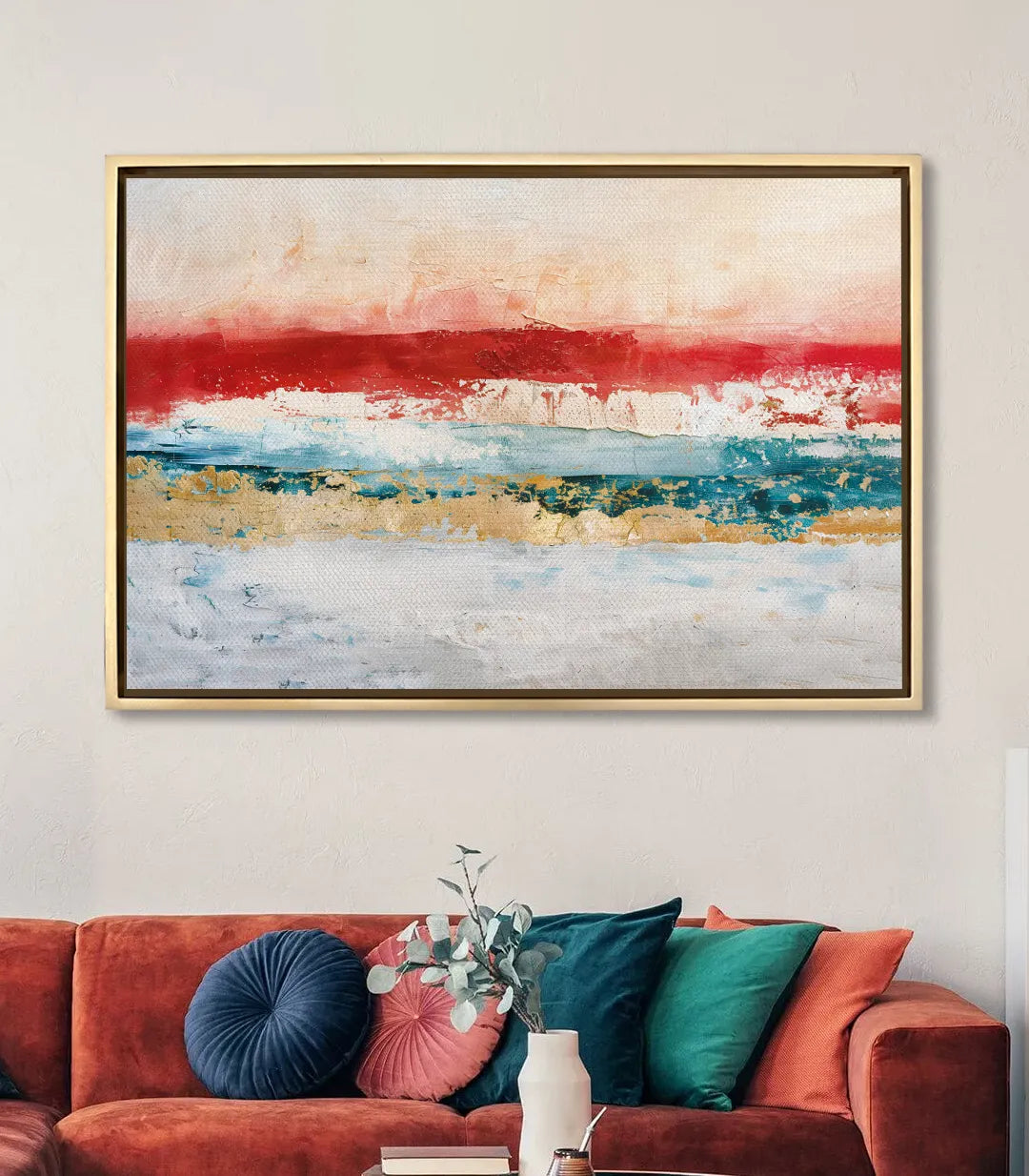Cuadro abstracto horizonte en salón moderno con decoración en rojo — Massinart