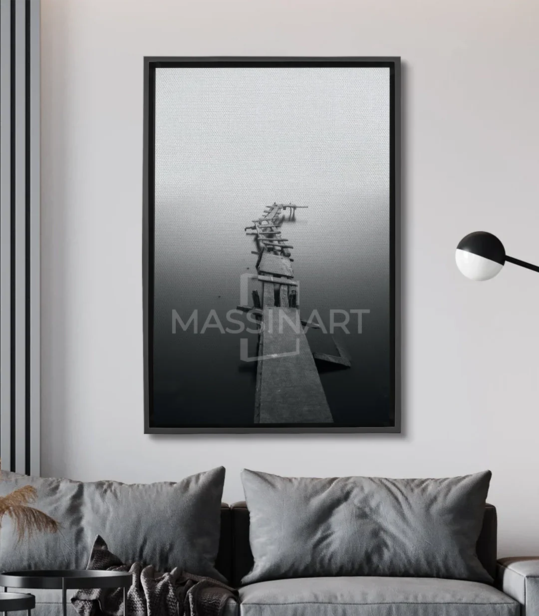 Cuadro Shattered Bridge — fotografía puente en ruinas en blanco y negro, arte mural Massinart