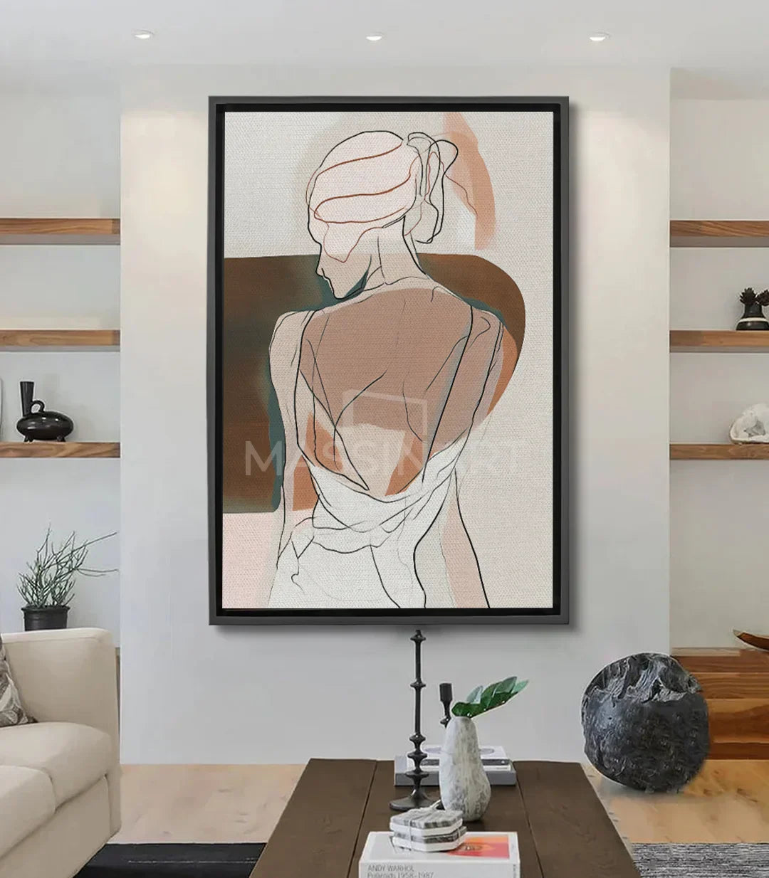 Cuadro retrato femenino de espaldas — líneas minimalistas en tonos beige y taupe — Massinart