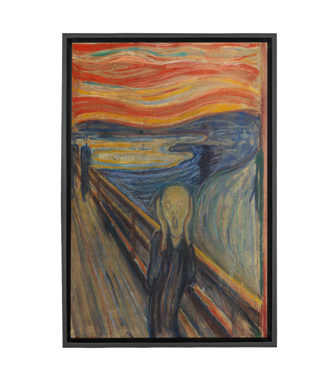 Cuadro El Grito de Munch expresionista vertical — figura angustiada en puente, cielo rojo-naranja, Massinart