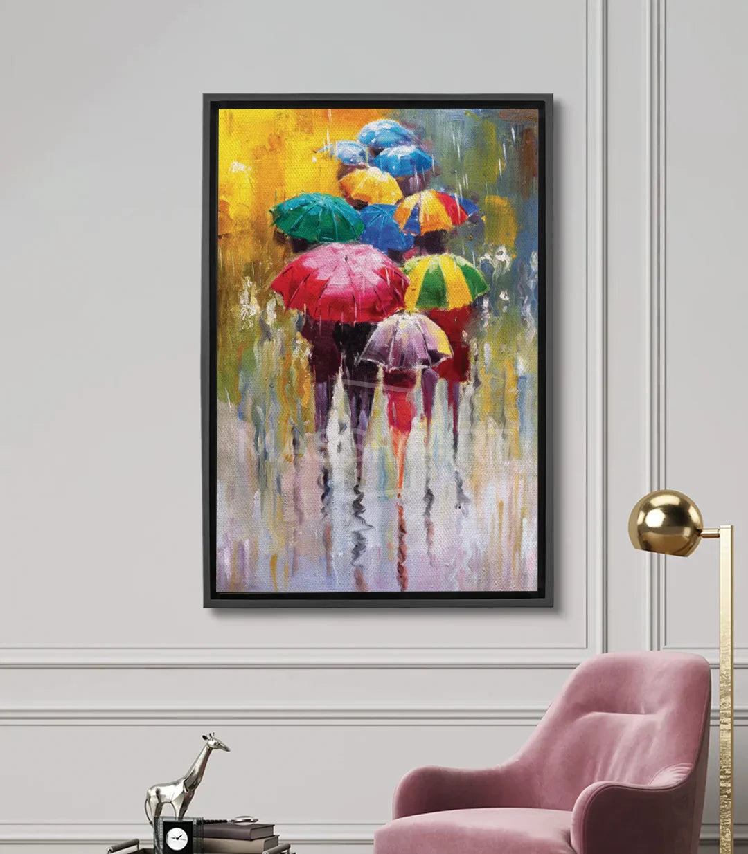 Cuadro paraguas coloridos bajo la lluvia — siluetas expresionistas en rojo, azul y amarillo | Massinart