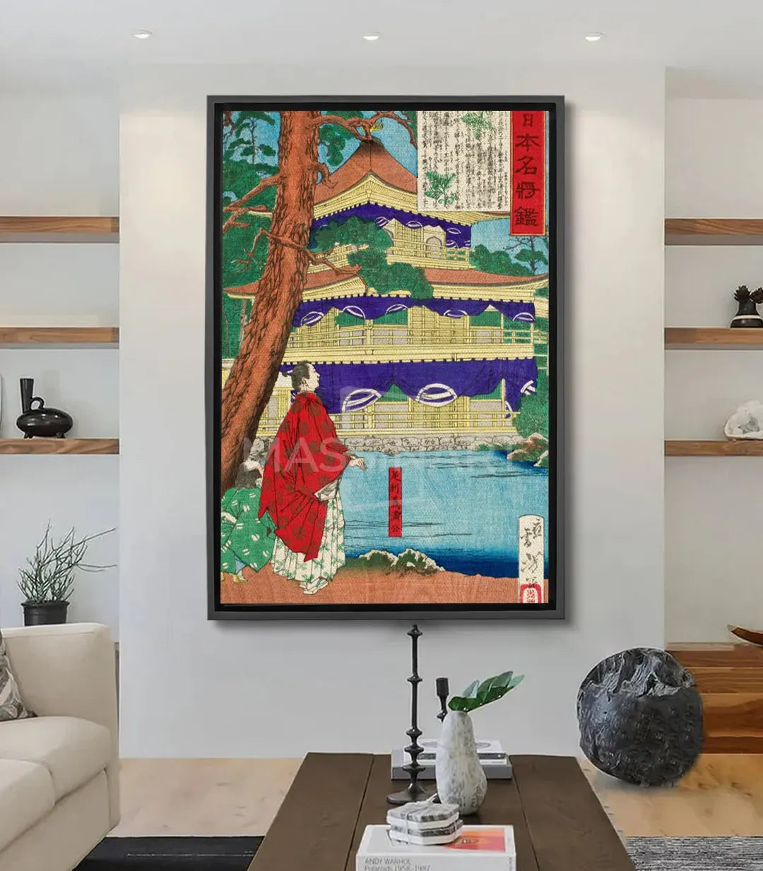 Cuadro Golden Pavilion — mujer con kimono rojo frente a pabellón asiático dorado, estampa japonesa en tonos azul, verde y rojo