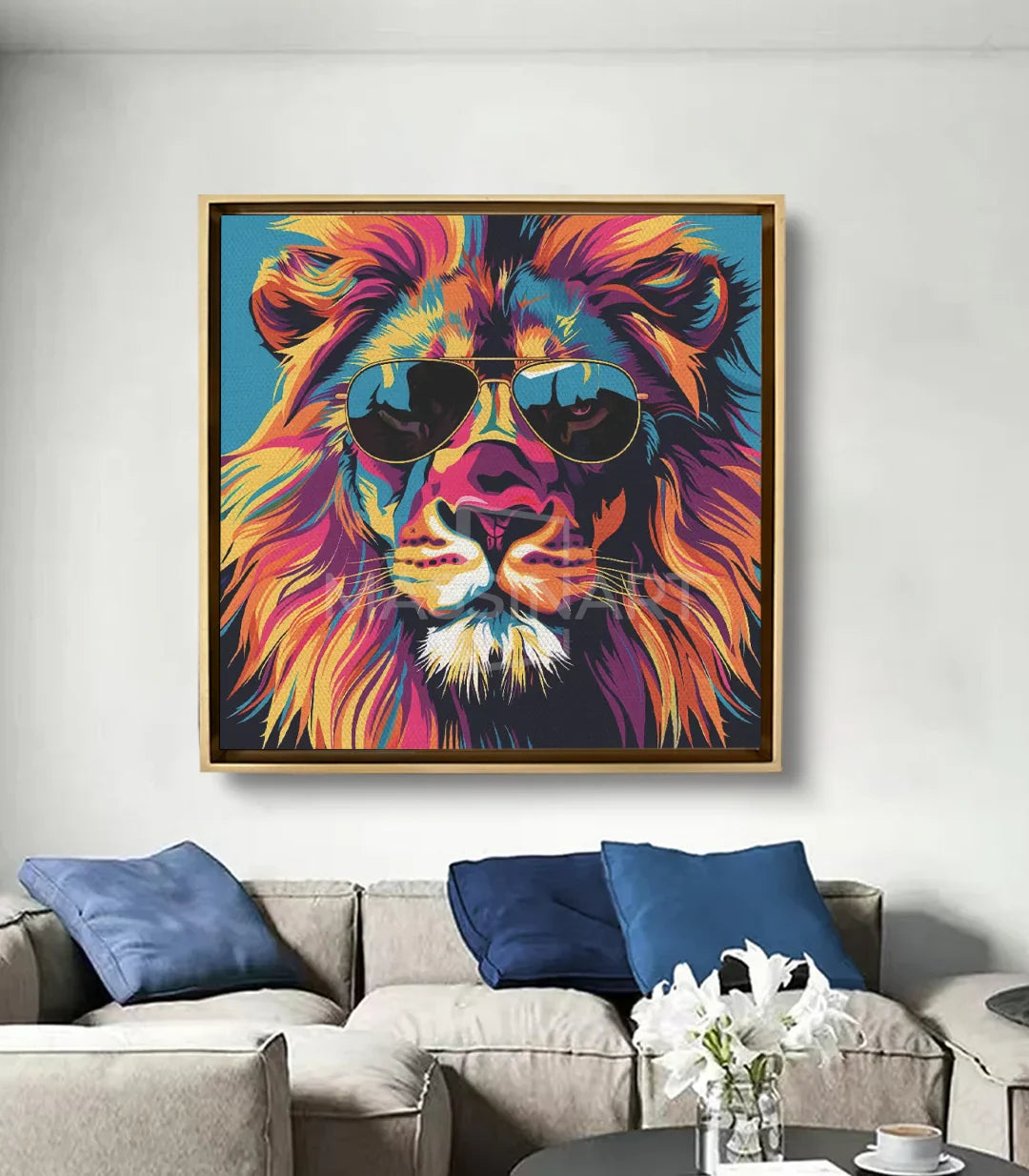 Visionary King en salón moderno, decoración pared con cuadro de león urbano