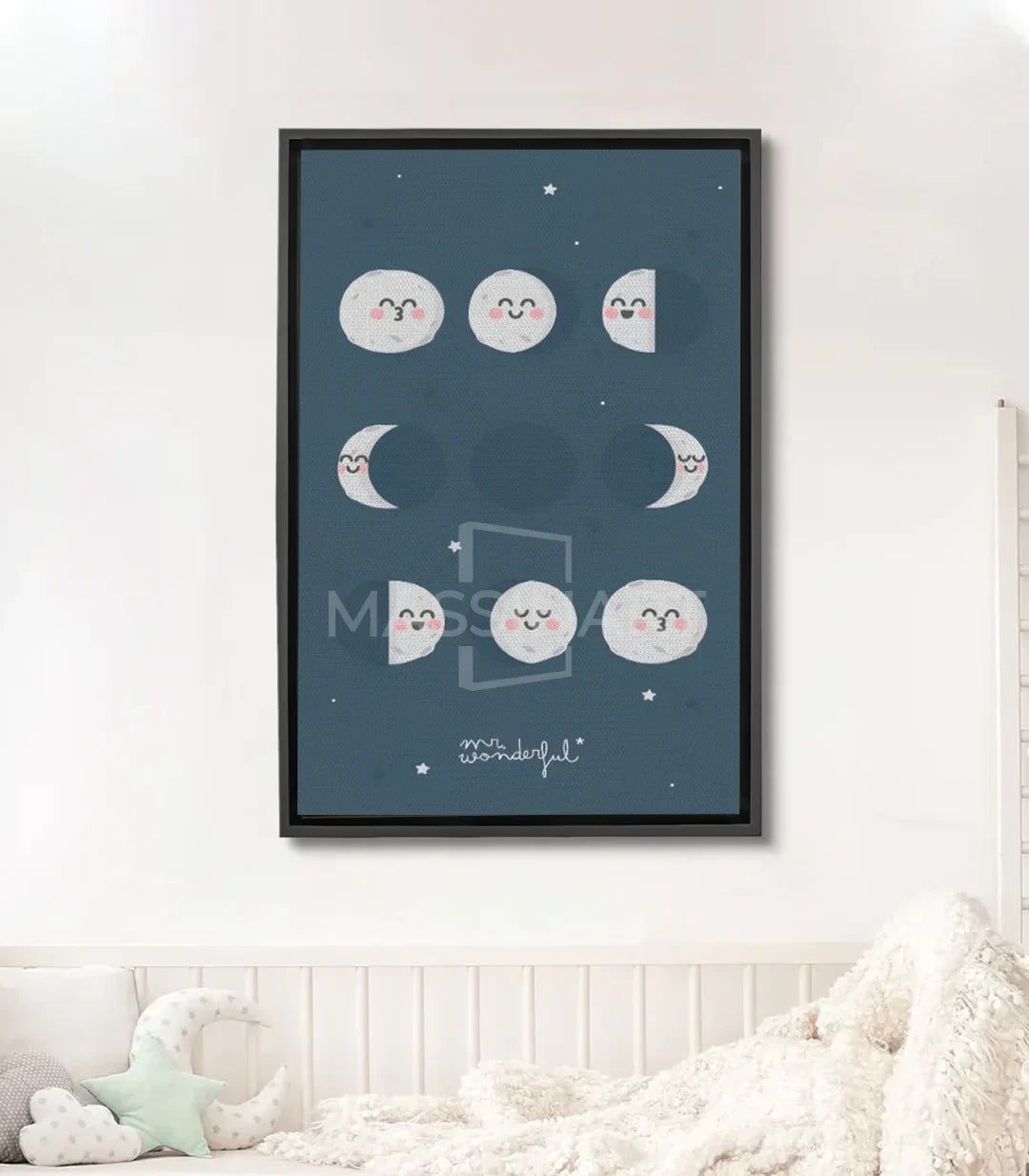 Cuadro luna sonriente Massinart — diseño minimalista con fondo azul noche y estrellas