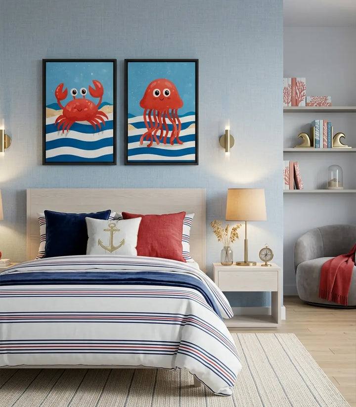 Cuadro Sea Pals díptico — cangrejo y medusa sobre fondo azul, ilustración infantil marina, Massinart