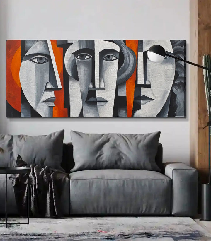 Detalle cuadro Unspoken — expresiones cubistas en blanco y negro, Massinart