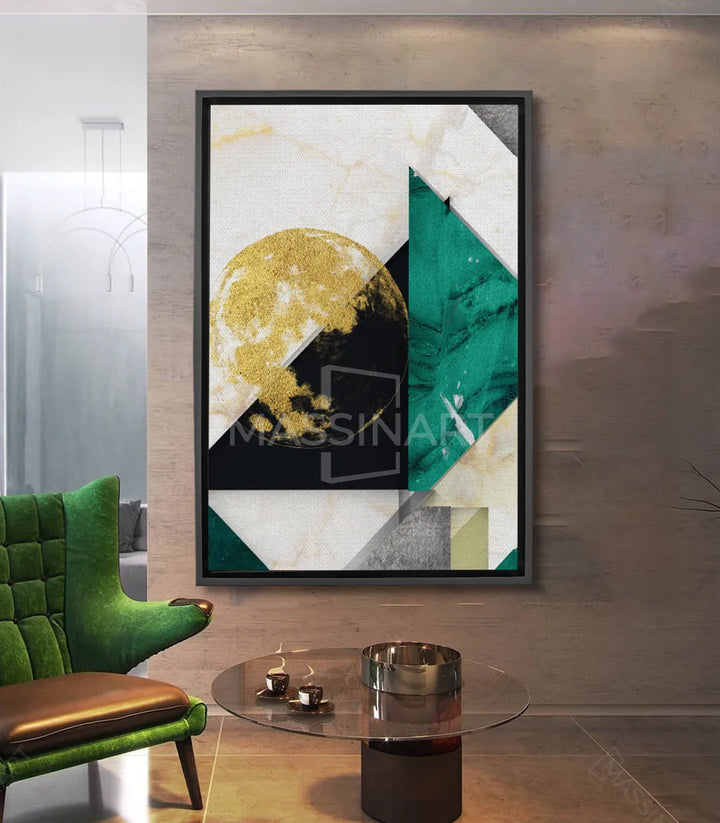 Cuadro arte geométrico abstracto con círculo dorado y triángulos turquesa sobre fondo blanco y negro — Massinart