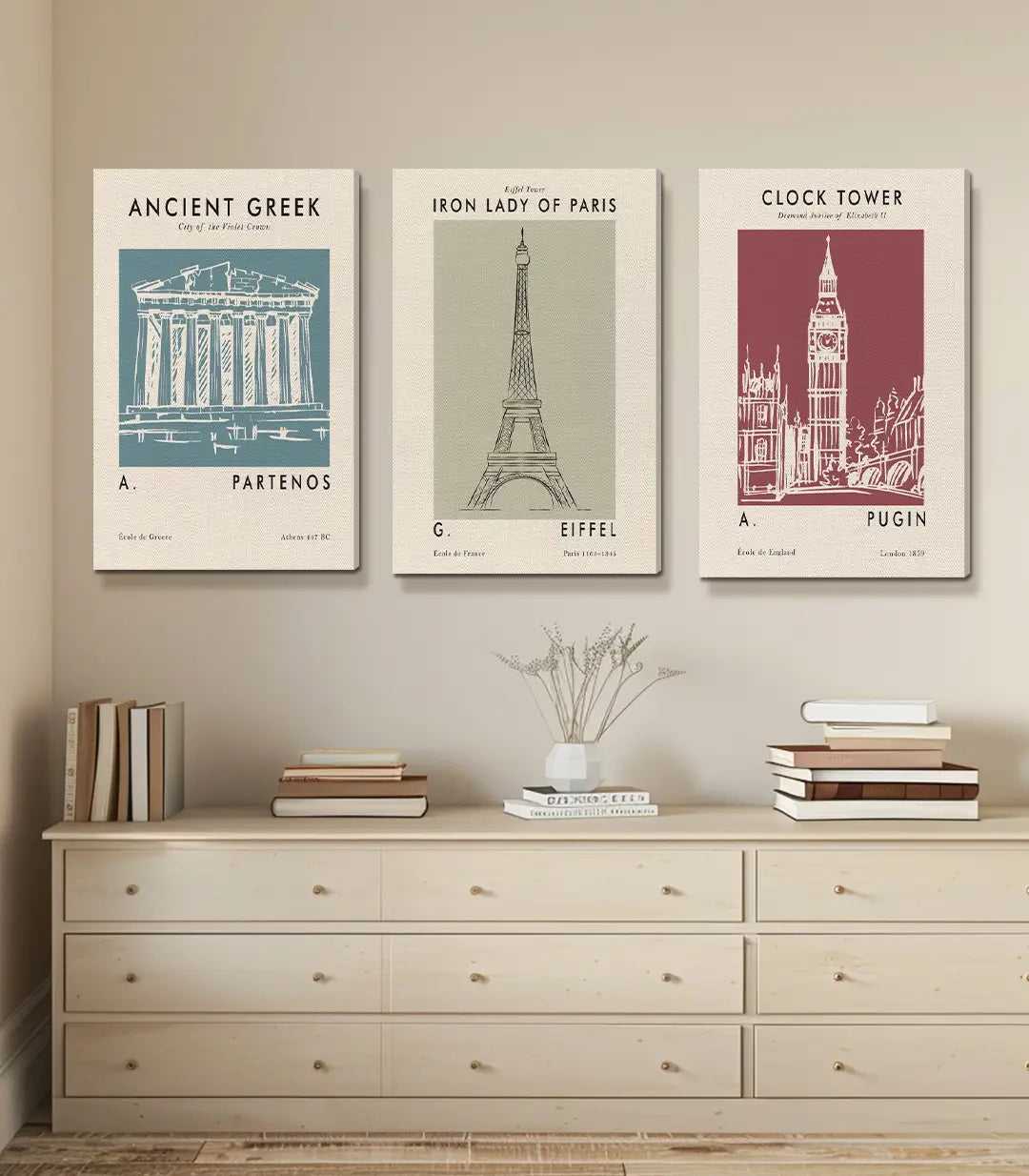 Cuadro grabado vintage del Partenón de Atenas en tonos azules, estilo minimalista — Massinart