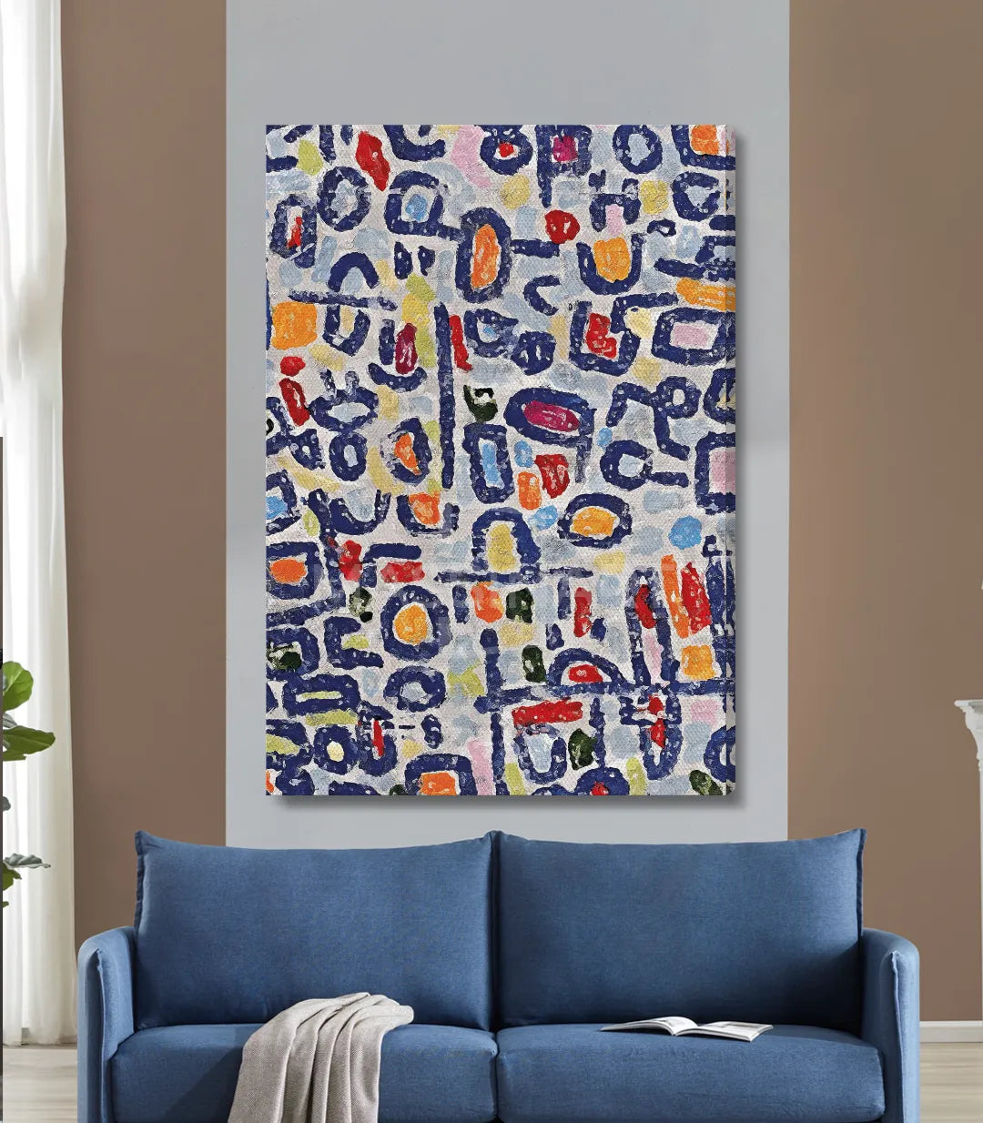 Detalle de paleta del cuadro abstracto: azul marino, rojo, naranja y amarillo — Massinart