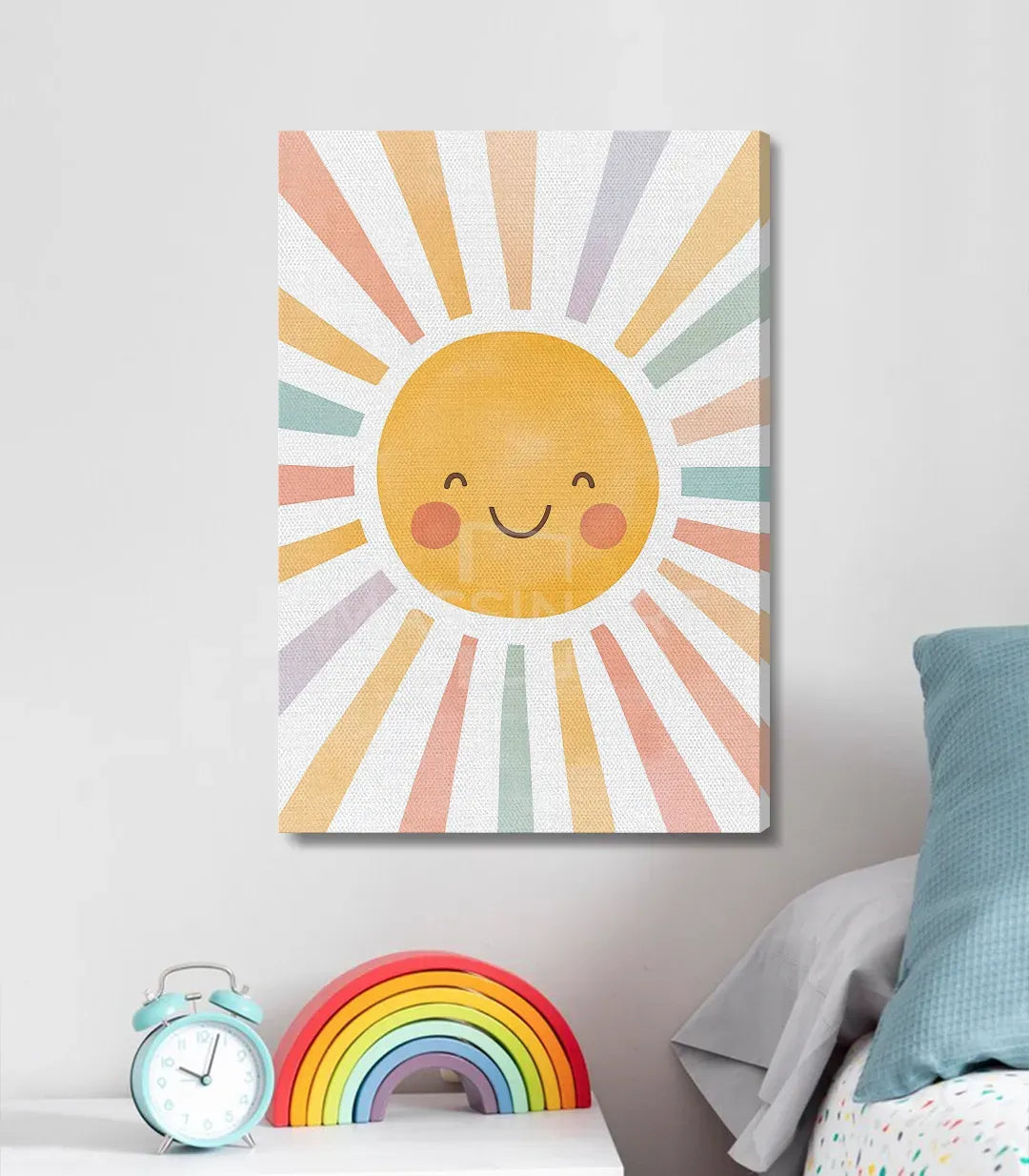 Cuadro sol sonriente con rayos de colores pastel, amarillo y rosa — Massinart