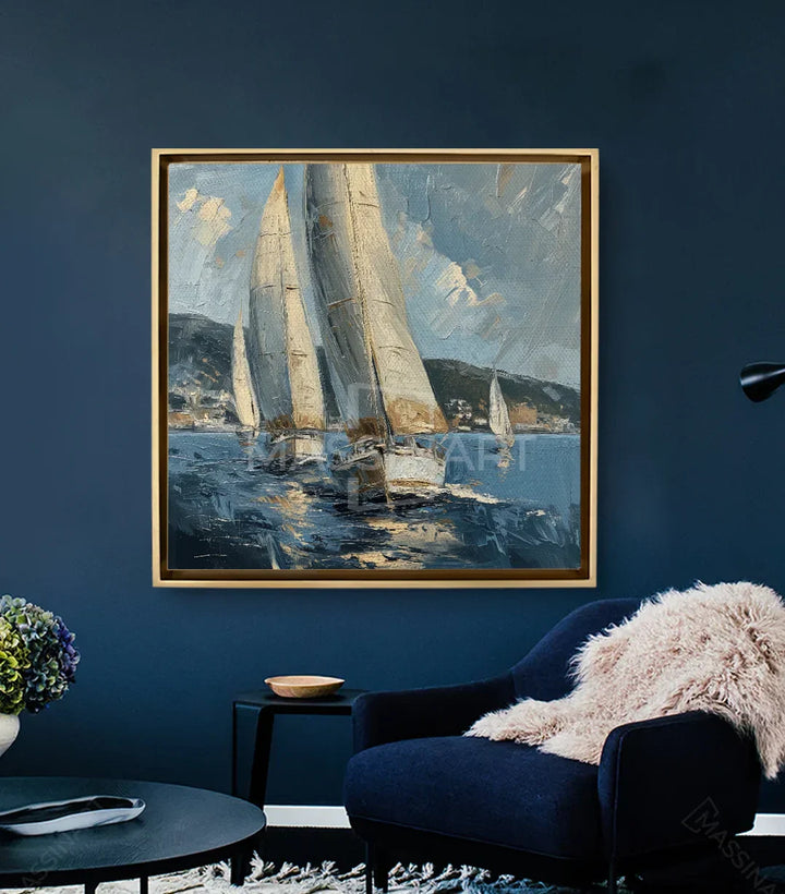 Cuadro veleros cuadrado en salón moderno con pared azul, decoración costera, Massinart