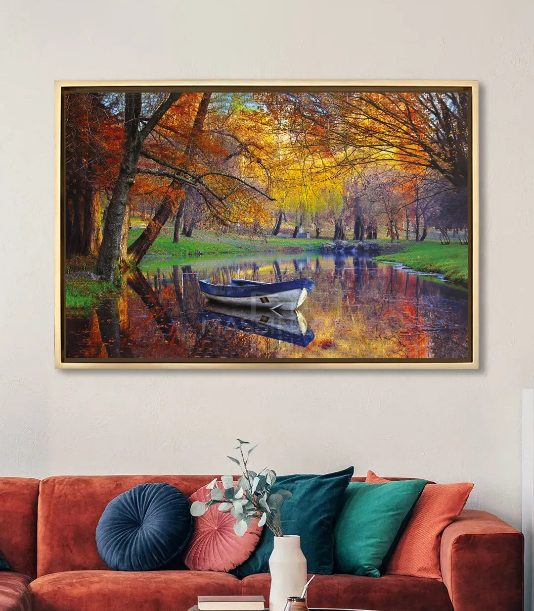 Cuadro de barca en otoño en salón moderno, decoración Massinart