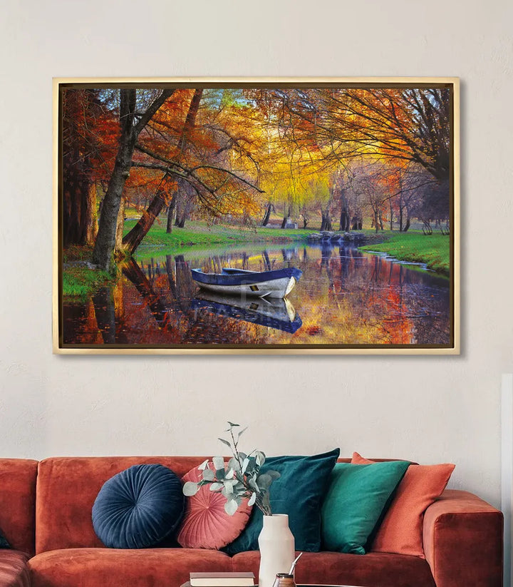 Cuadro de barca en otoño en salón moderno, decoración Massinart