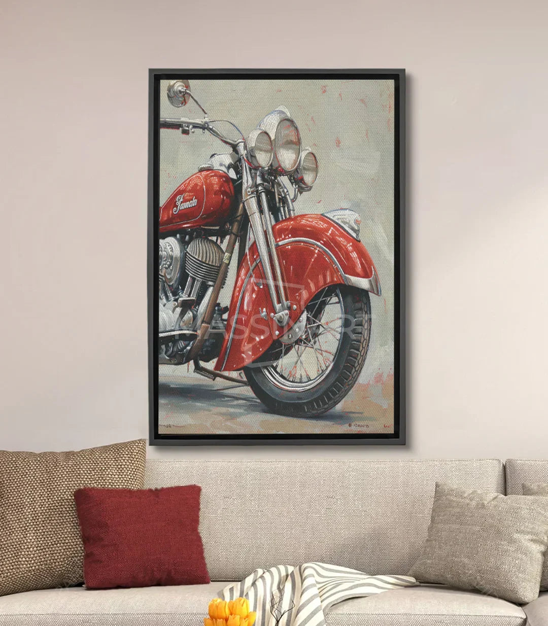 Cuadro moto vintage Indian roja Massinart — cromo y detalles mecánicos
