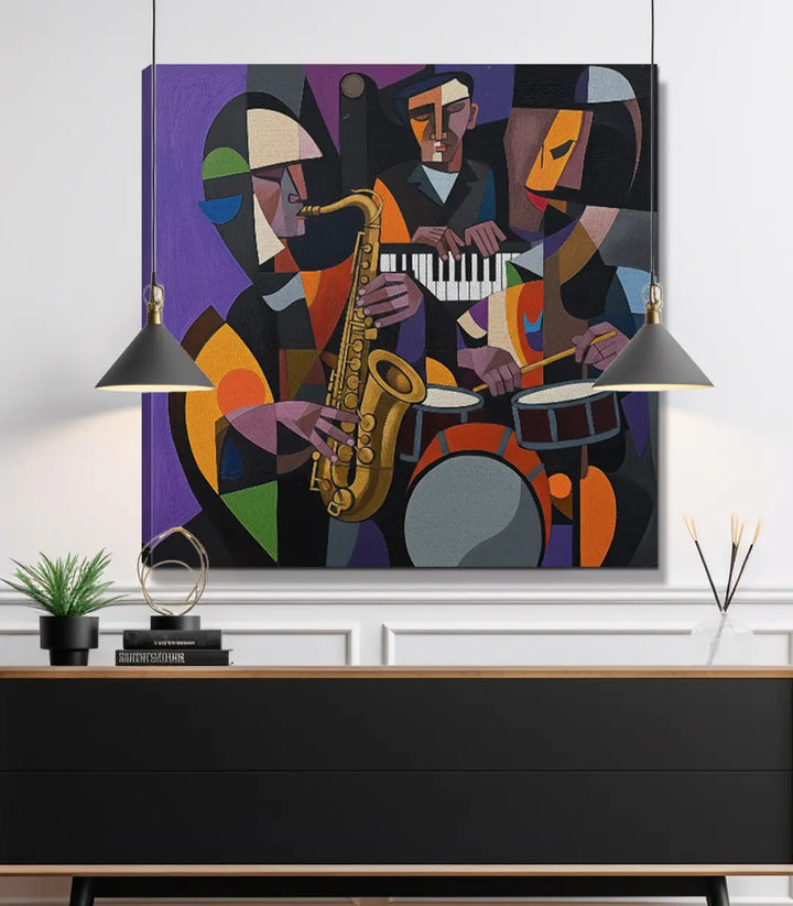 Cuadro Cubist Groove en salón moderno — lienzo cuadrado cubista con músicos, decoración pared Massinart