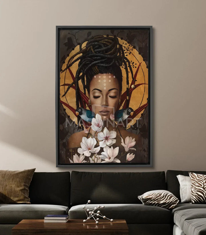 Cuadro retrato mujer floral — rostro sereno con halo dorado y flores blancas, estilo contemporáneo, Massinart