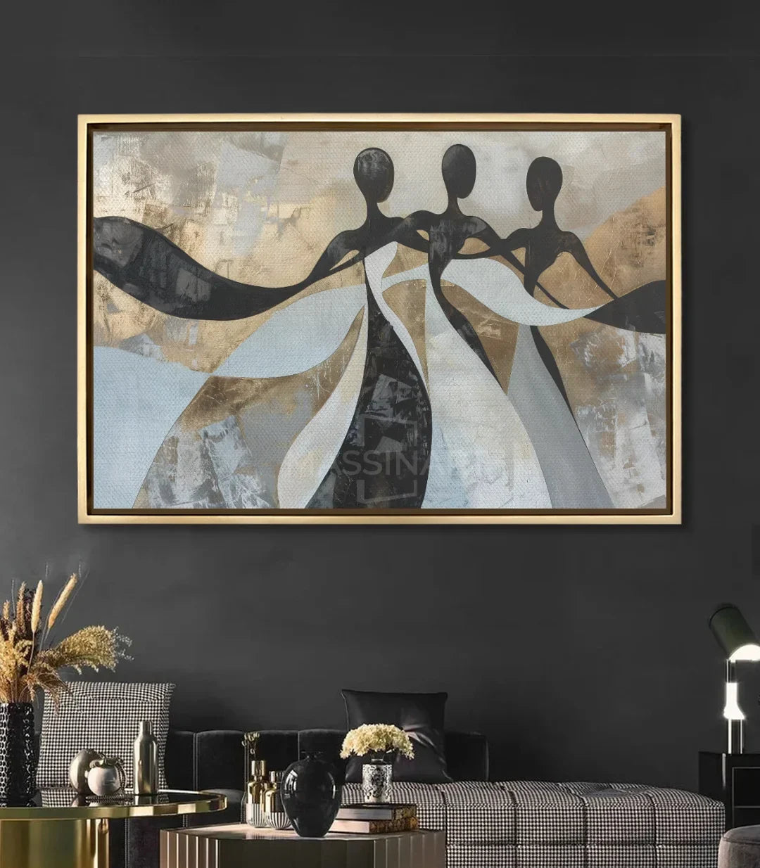 Cuadro abstracto siluetas danzantes en salón moderno, decoración pared Massinart